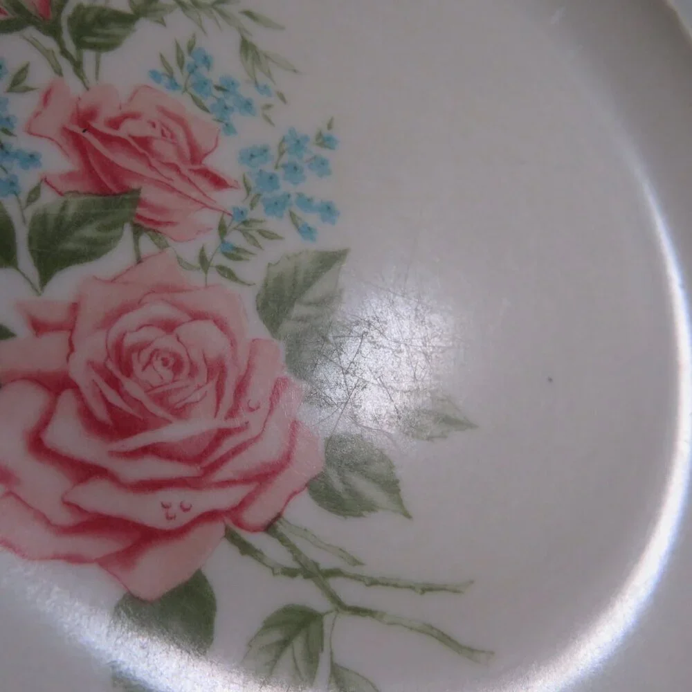 White (1) Melmac Plate with Pink Roses and Blue Flowers